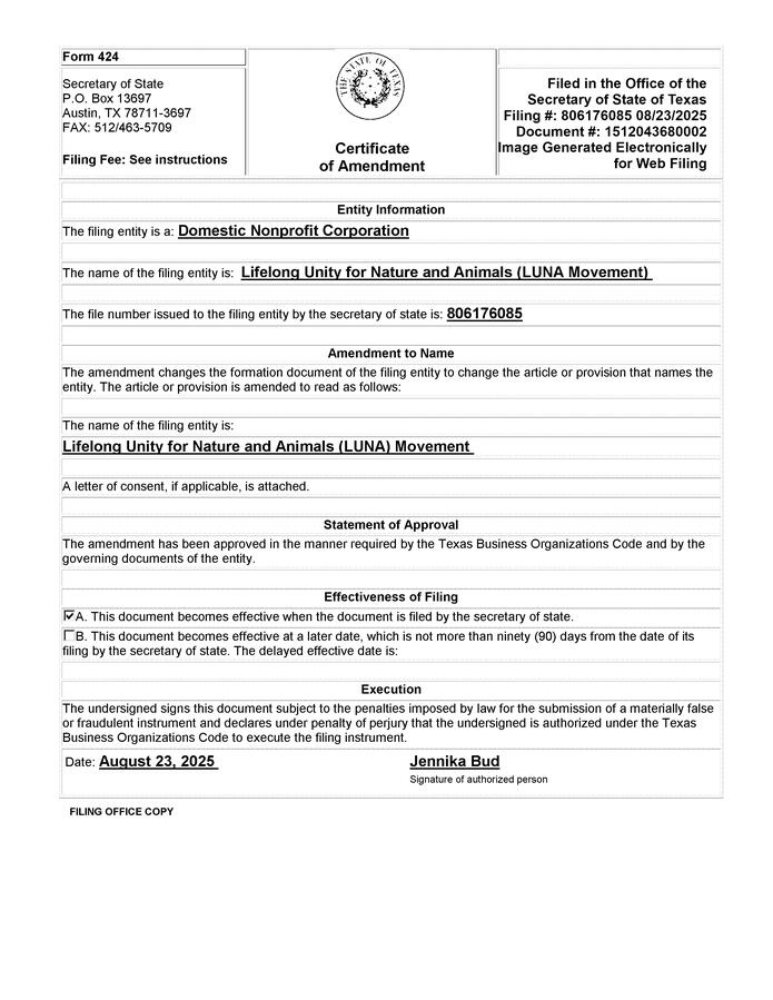 LUNA Movement Cert Amendment (Name fix)